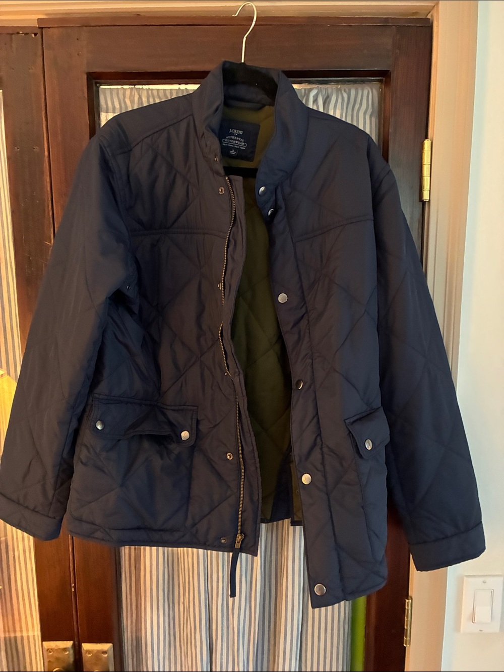 J. Crew Navy Quilted Lightweight Jacket with Olive Lining